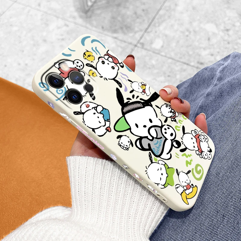 Pacha Dog Sanrio Cartoon Liquid Left Rope For Apple iPhone 15 14 13 12 11 XS XR X 8 7 SE Pro Max Plus Mini TPU Phone Case