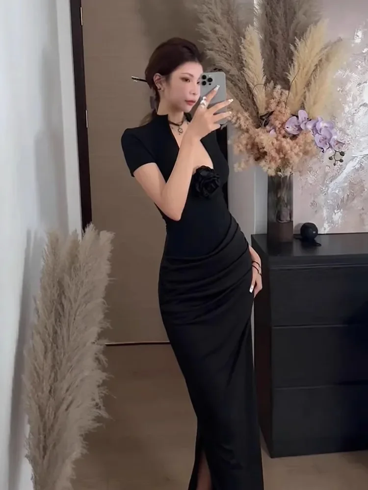 

New Chinese Style Rose Dress For Women's Summer, With A Deep Sense Of High-End Design And A Slim Fit Long Skirt