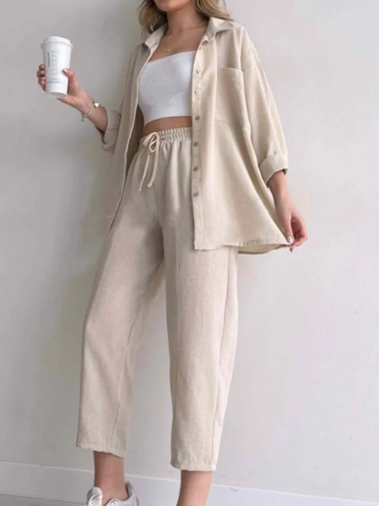 

Women's Shirt 2 Piece Set Suits New Spring Autumn Casual Loose Shirt Jacket Nine Points Sports Harem Elegant Suit For Women