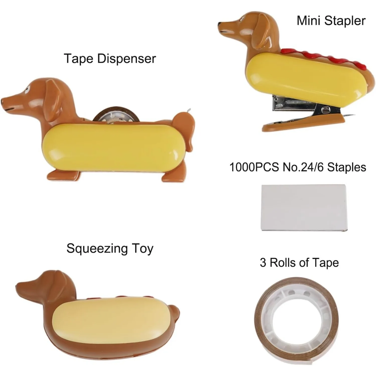 Kit d'agrafeuse de bureau, fournitures de bureau comprenant un distributeur de ruban adhésif et une mini agrafeuse, un mini dachshund design hot dog