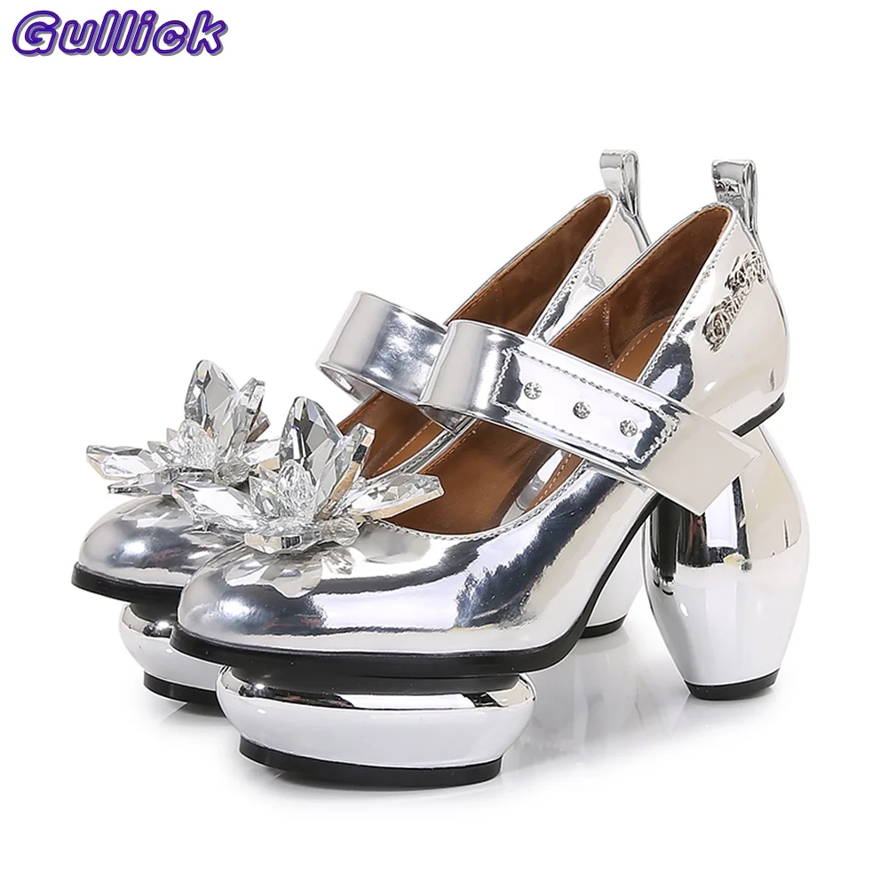 Solid Crystal Flowers Pumps Pointed Toe Strange Heel High Heel Buckle Strap Cover Heel Black Shallow Silver Golden Women Shoes