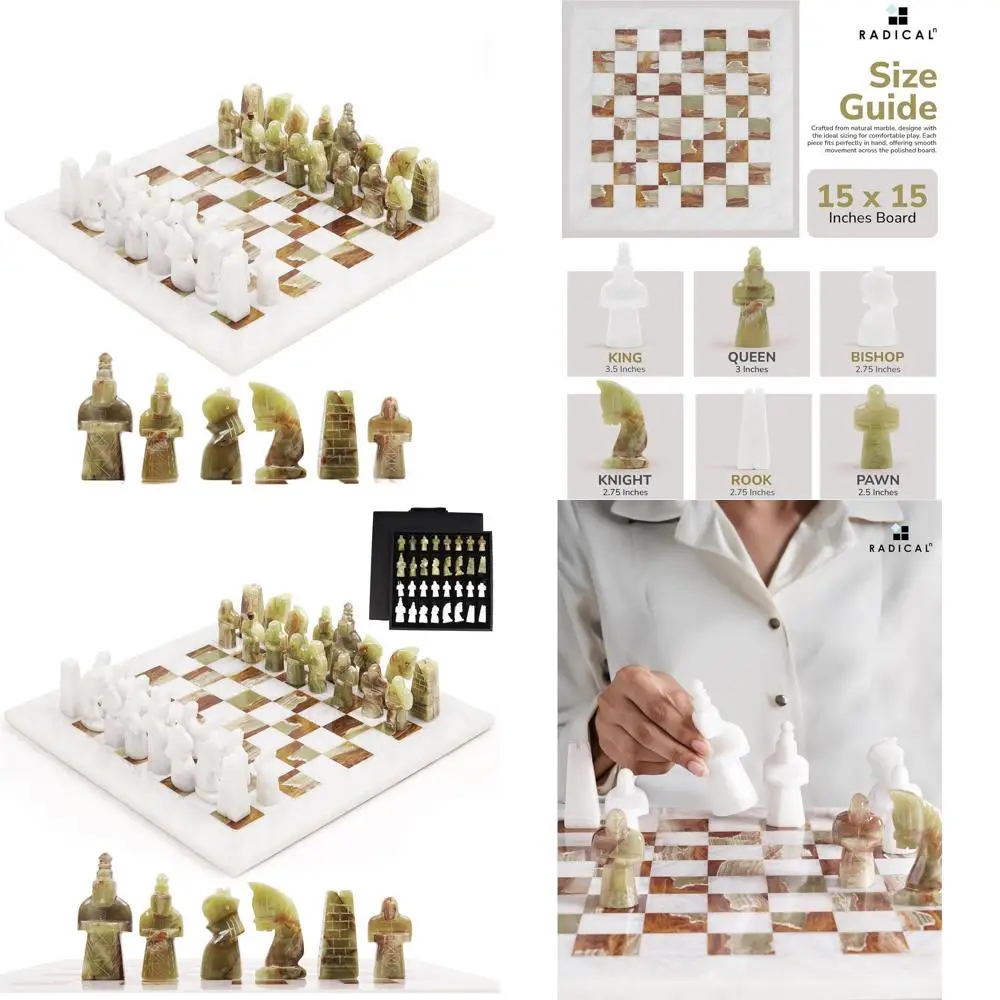 

15 Antique Marble Chess Set in White & Green for Adults - Handcrafted 2-Player Board Game with 32 Pieces