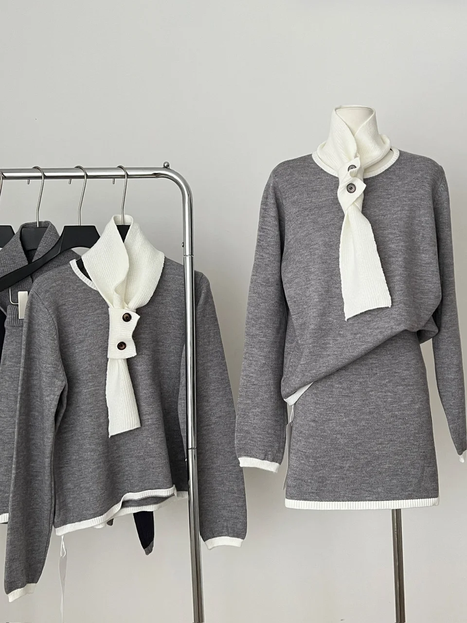 Winter Casual Matte Pullover Rock Set mit Krawatte Farbe Blo Faionable Damen Strickkleidung Polyesterfaser Head over Heels