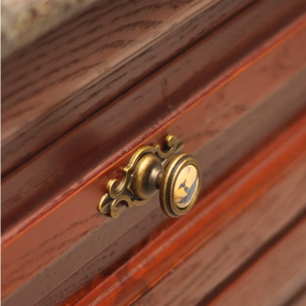 European Retro Rural Printing Ceramic Drawer Shoe Cabinet Knob Bronze Cupboard Wardrobe Dresser Door Handle Backplate  With Knob