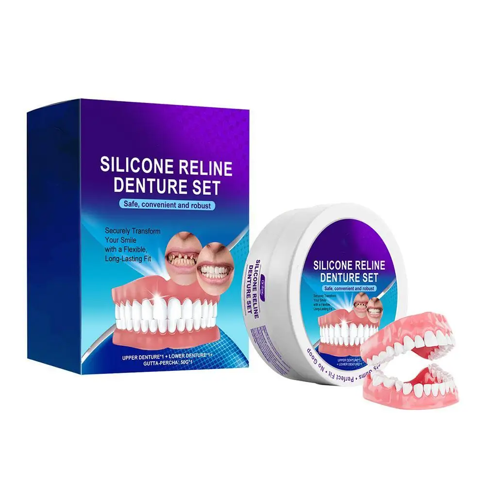 Teeth Silicone Reline Denture Set Comfortable Fit Silicone Tooth Fit Denture Smile Tooth Adjustable Long-lasting Dentures Teeth