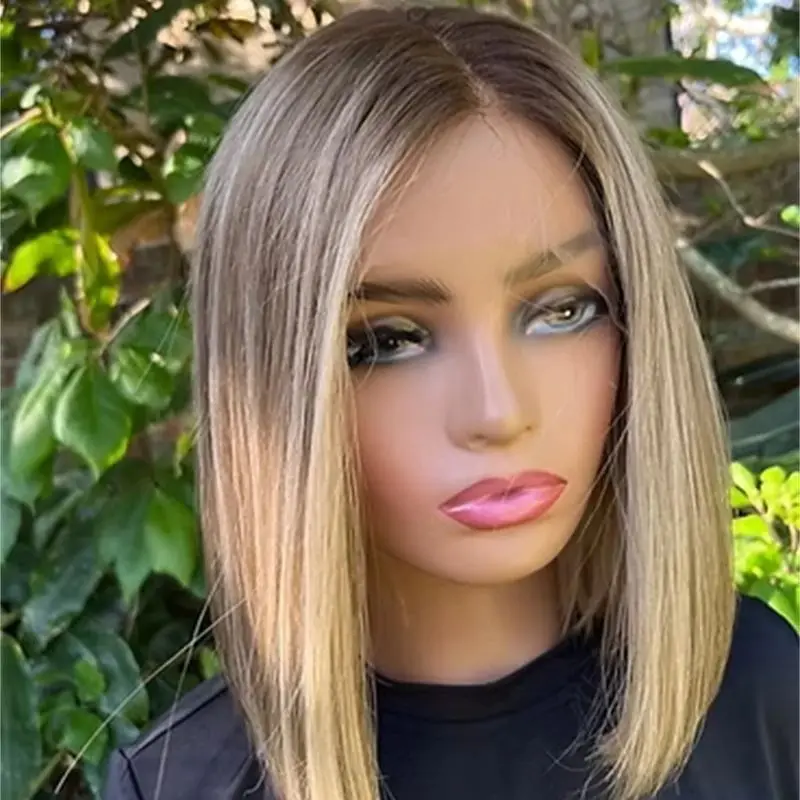 

Women's Wig Ombre Ash Blonde Balayage Glueless HD Lace Front Wig Short Straight Bob Heat Resistant Synthetic Wig Good Quality