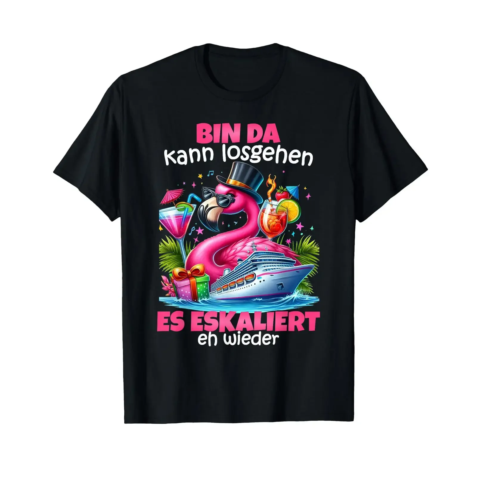 T Shirt with Bin Da Kann Losgehen Es Escaliert Eh Flamingo Kreuzfahrt German Language vintage Washed Casual Stretched