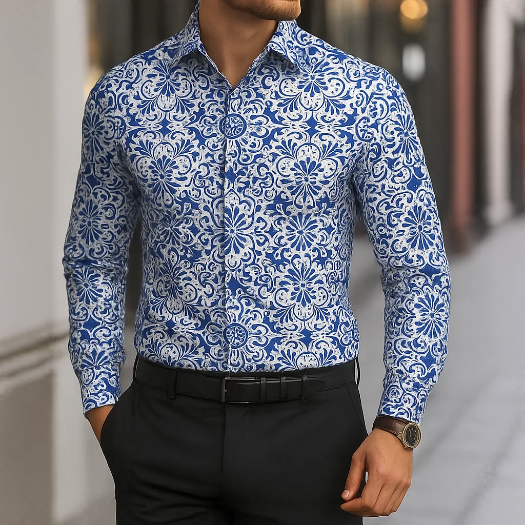 

Men's Long Sleeve Shirt Casual Slim Fit Button Down Shirt Mediterranean Tile Pattern Shirt for Men Fashion Top Blouse Male Tee