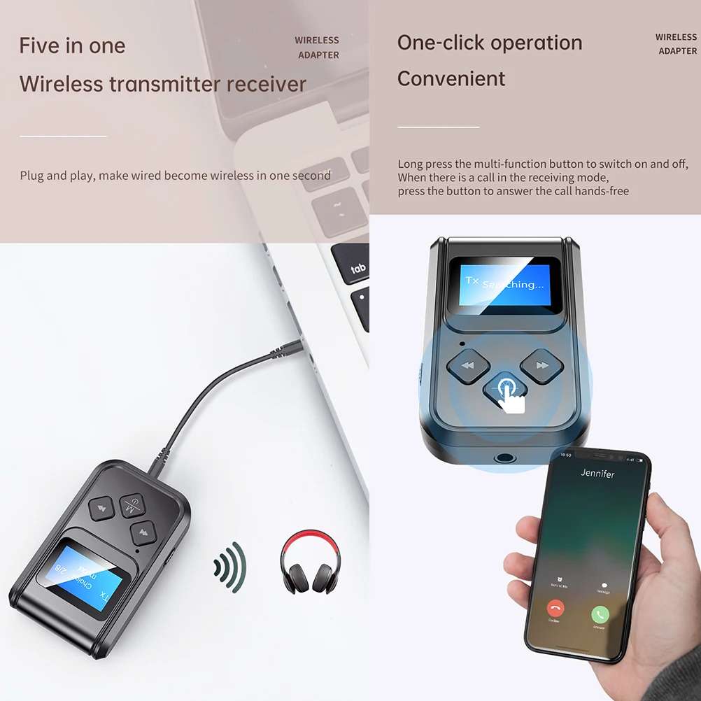 

Audio Adapter 5.0 Durable ABS Clear Screen USB Black Compact Wireless Transmit Receive HIFI Noise Reduction Easy Match