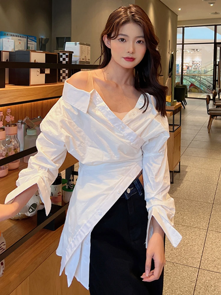 TWOTWINSTYLE Korean Fashion White Shirt For Women V Neck Long Sleeve Off Shoulder Patchwork Buttons Shirts Female Spring Clothes