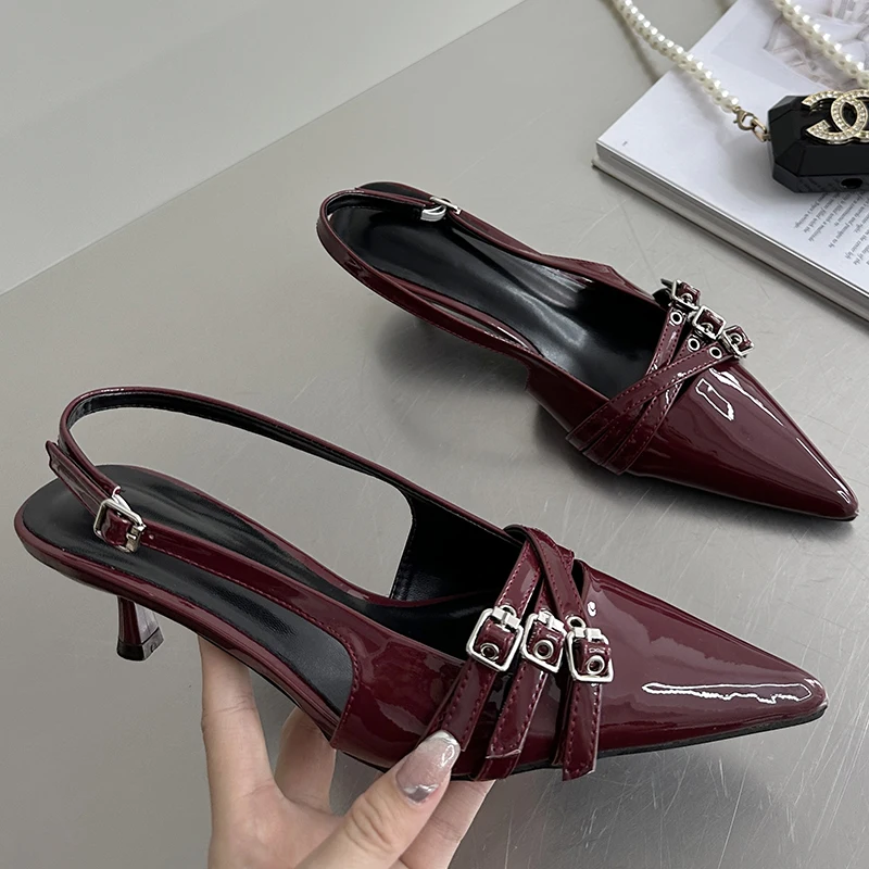 Slingbacks Pumps New Ladies Medium Heels Shoes Female Shallow Fashion Pointed Toe Footwear Women Heeled Shoes Wine Red 2024