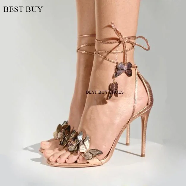 New Summer Women's Sandals Fashion Pink Butterfly Design Elegant Strappy High Heels Fairy Style Open Toe Party High Heel Sandals