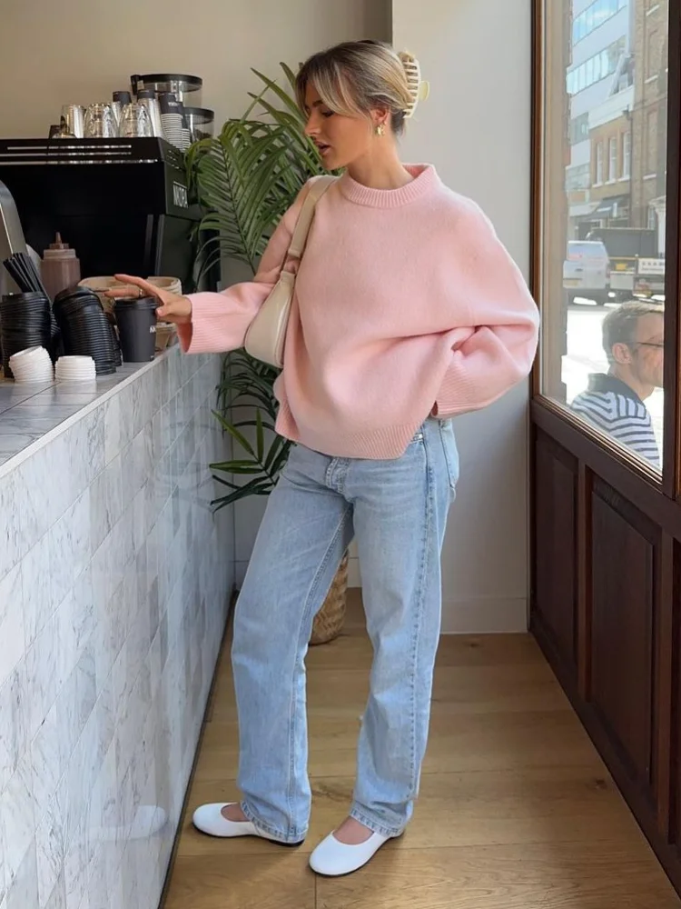 Elegant Solid Round Neck Knitted Pullover For Women Fashion Loose Long Sleeve Casual Sweater 2024 Autumn Lady Street Knitwear