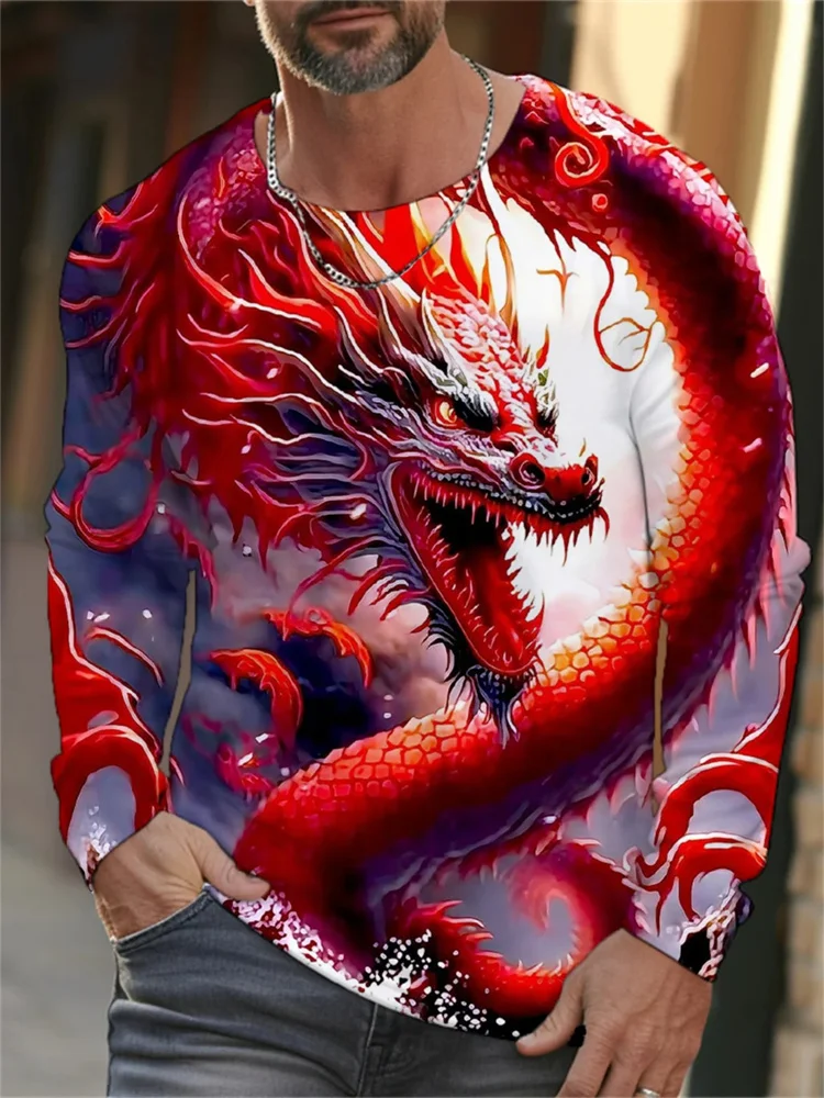 2024 New Fashion New Trend Street Style Animal Dragon 3D Printing Cool T-Shirt Warm Fashion Casual Men's Long Sleeve Round Neck