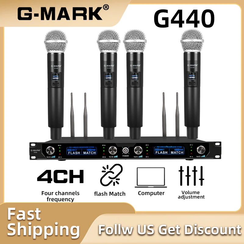 G-MARK G440 Wireless Microphone System Professional 4 Channels Dynamic Handheld Mic Karaoke Party Stage