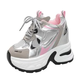 High Platform Casual Lace-up Sneakers for Women 2025 Fashion Designer Lightweight Breath Mesh Leather Thick Heel Sport Dad Shoes