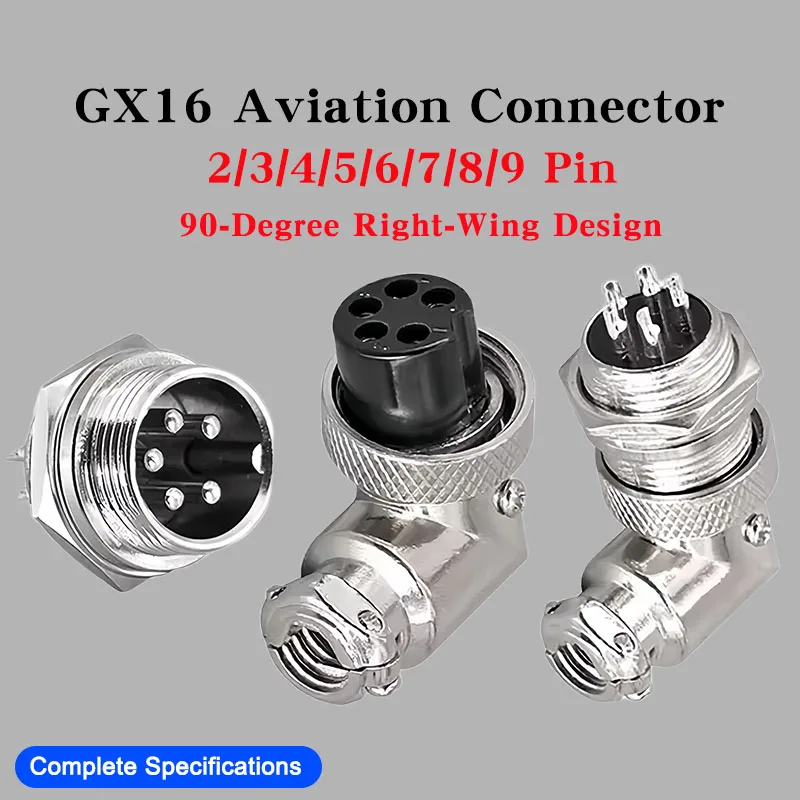 

5/10 Sets GX16 Aviation Plug Socket Elbow Right-Angle Connector, 90-Degree Right-Wing Design 2/3/4/5/6/7/8/9 Pin Industrial Use