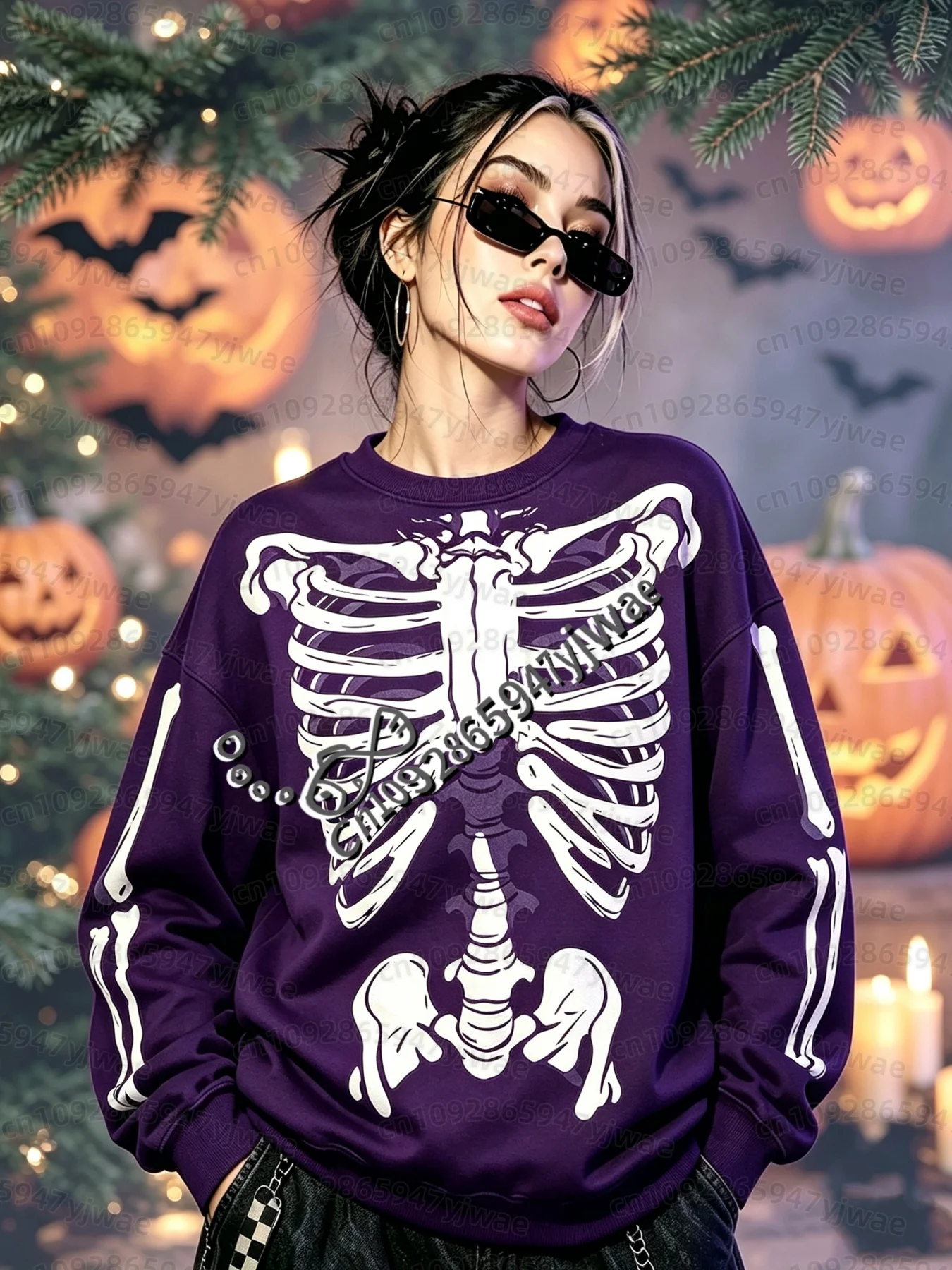 26 Damen Grunge Y2k Oberteile Mädchen Y2k Sweatshirt Goth Damen Hoodies Halloween Cosplay Skelett Knochen Vintage O-Neck Sweatshirt – Detail 6
