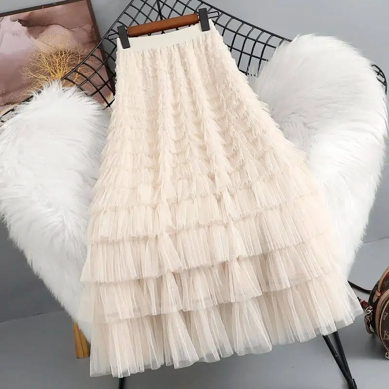 Women's High Waist Mesh Half Skirt Multi-Layer Cake Skirt Midi Length Fairy Tale Style Casual Polyester Fabric Commute Friendly