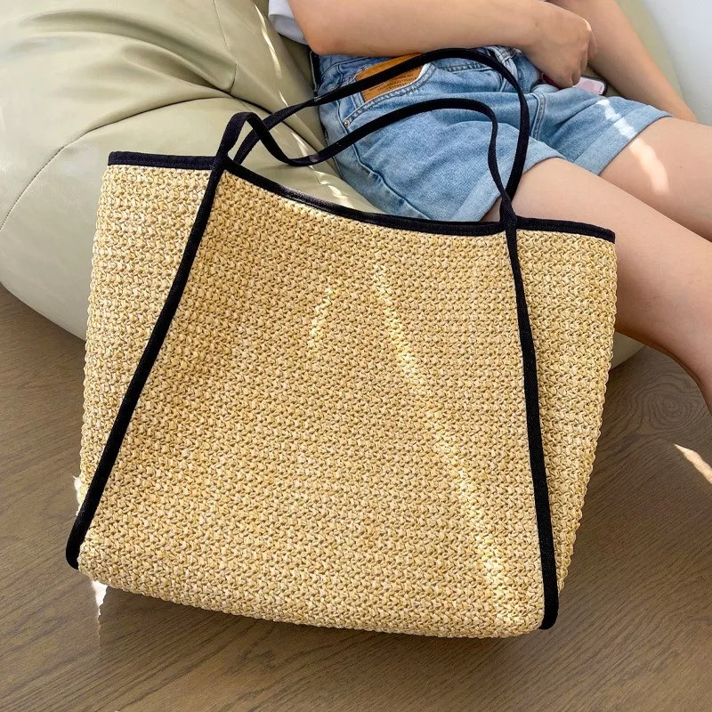 

Summer Women's Hand-made Raffia Woven Straw Bag Large Capacity Seaside Tote Bag Casual Beach Shoulder Bag Sac A Main Female