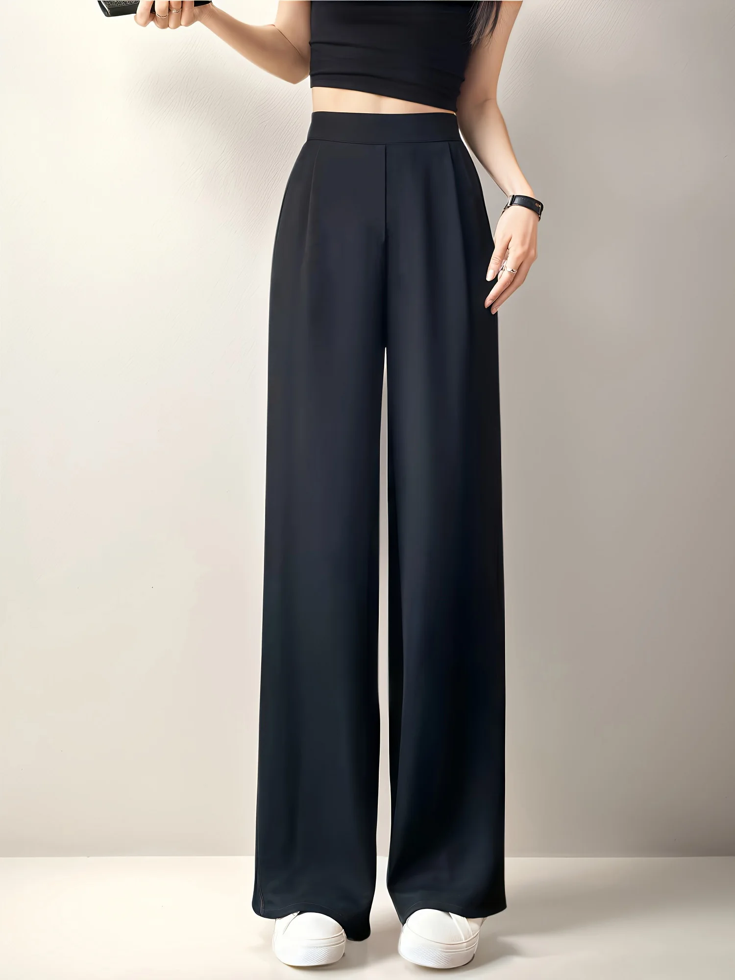 بنطال بدلة نسائي مع ثنيات، كاجوال نحيف مستقيم وواسع الساق، بنطال مستقيم فضفاض عالي الخصر وتنحيف