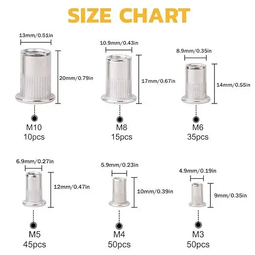 205Pcs Boxed 304 Stainless Steel Flat Head Knurled Rivet Nuts M3 M4 M5 M6 M8 M10 Blind Rivet Nut Kit