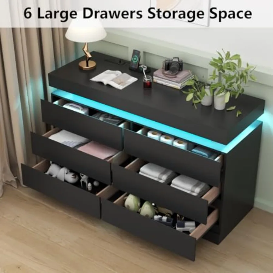 6 Drawer Dresser with Power Outlet and LED Light for Modern Bedroom or Living Room Storage Double Wide Drawer Organizer Cabinet