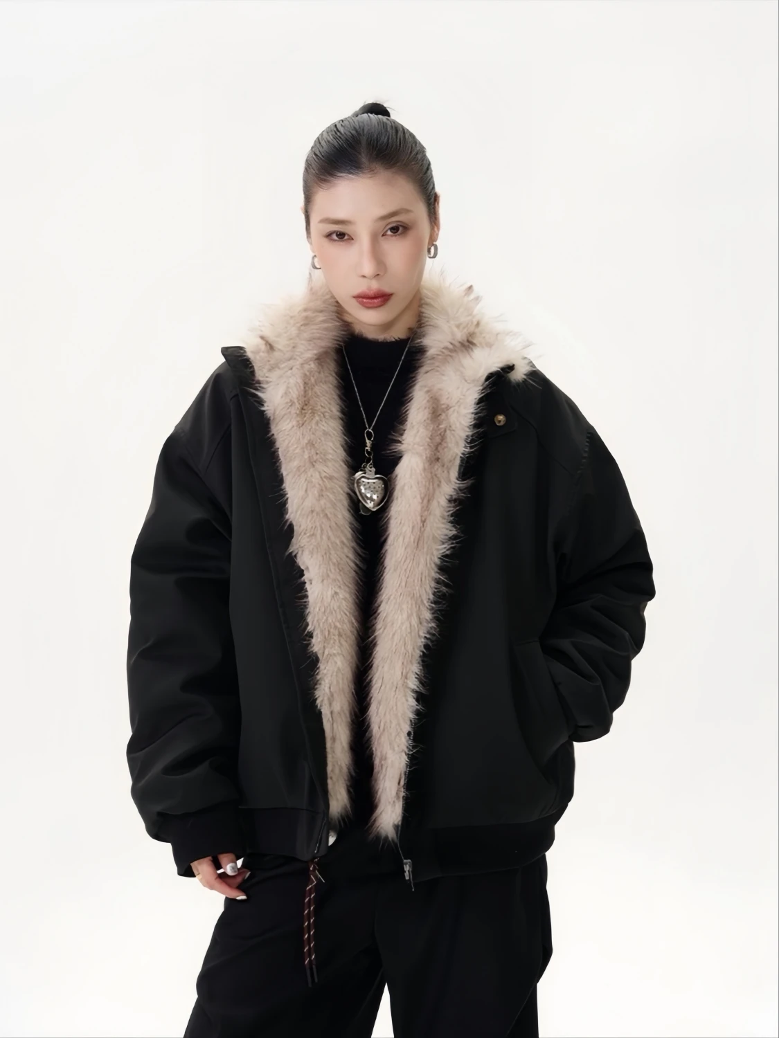 

Thiened Winter Jaet with Fur Collar Street Sle ex Casual Zipper Closure Long Sve Hooded Coat for Men And Women