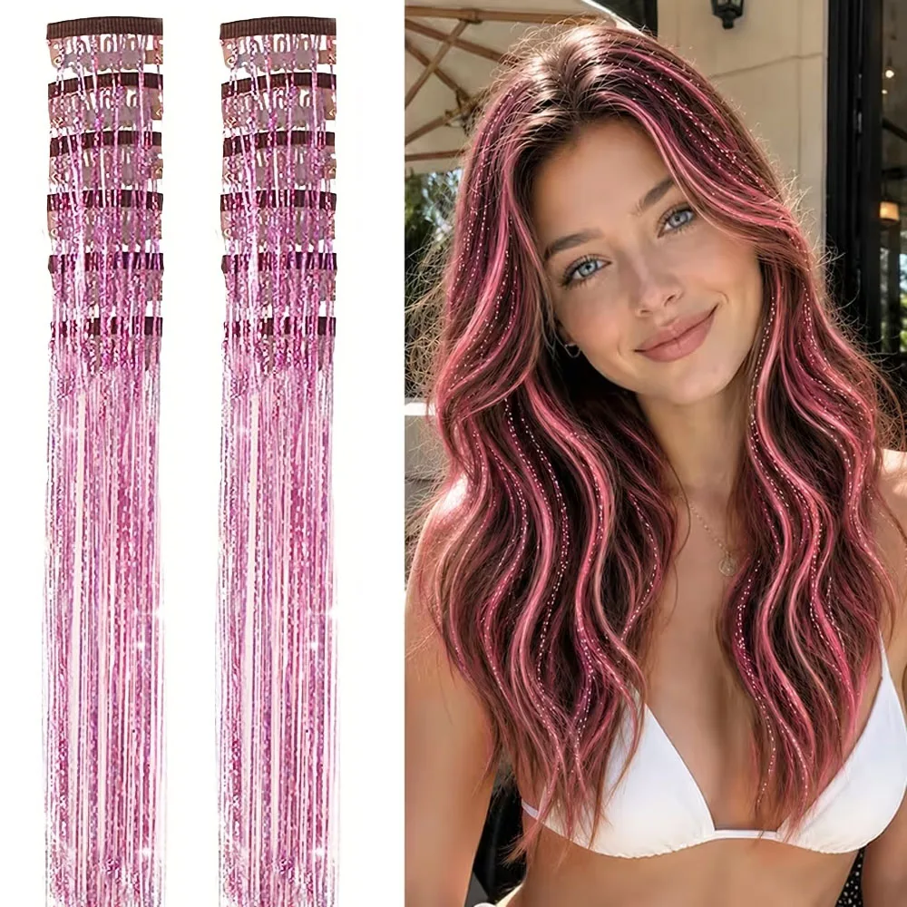 12Pcs Clip In Hair Tinsel, Colorful Glitter Synthetic Fairy Hair Extensions Kit, Sparkle Dazzle Hair Strands Accessories for Women Girls Halloween Christmas Party
