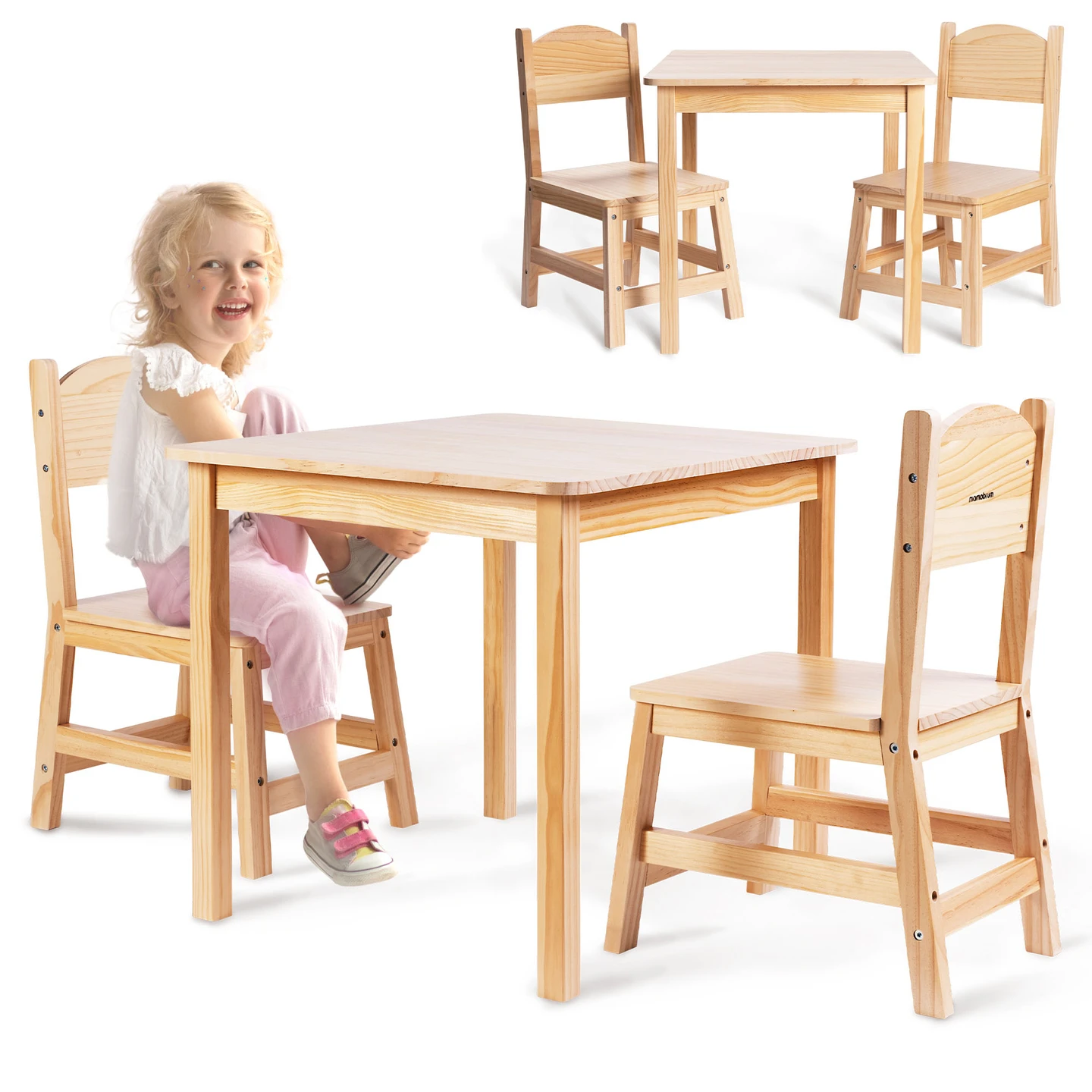 Mamabrum Holztisch und 2 Stühle Set für Kinder, Spiel-, Lern- und Essbereich, Kinderholzmöbel, Montessori, 3+, Ergonomisch, Stabil, Natürliches Kiefernholz, Kinderzimmer, Kindergarten
