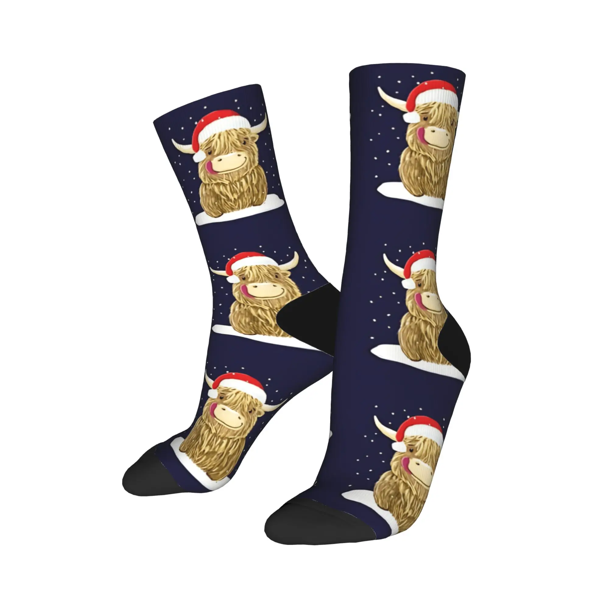 Kaus Kaki Motif Sapi Highland Skotlandia di Salju Natal, Kaus Kaki Fashion Musim Semi Anti Selip untuk Pria, Kaus Kaki Lari Hangat Lembut Bermotif