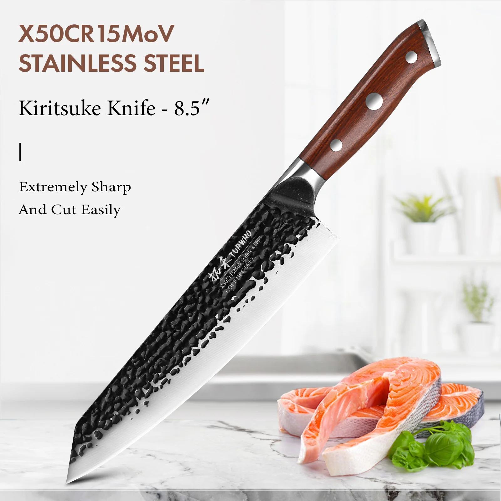 

Японский поварской нож Kiritsuke TURWHO, 8,5 дюйма, X50CR15MOV, профессиональные кухонные ножи из нержавеющей стали, инструменты для нарезки и готовки