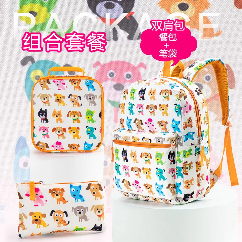 Kids Backpack 3 Piece Set Primary School Student School Bag Insulated Lunch Bag and Pencil Case Dog Print