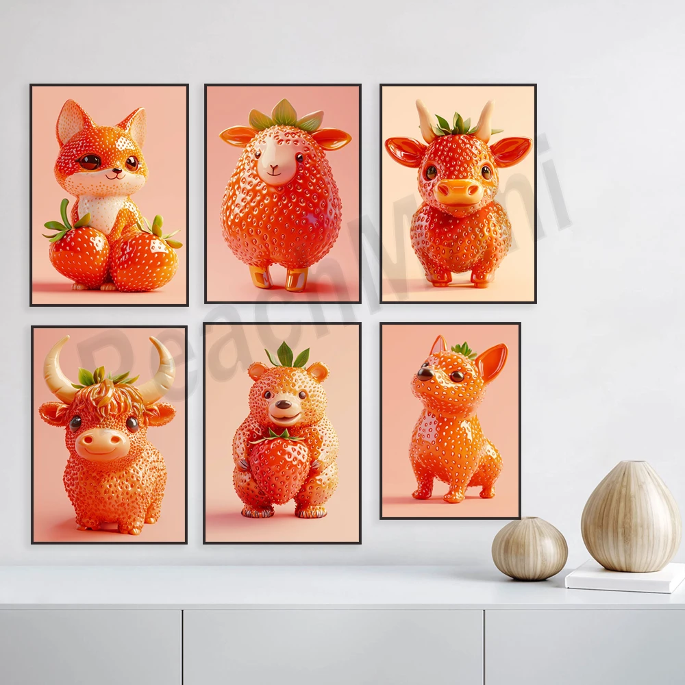 Giuseppe Acrimboldo inspiration strawberry cow, dog, fox, sheep, cat, bear, frog artwork print, fruit artwork, food poster