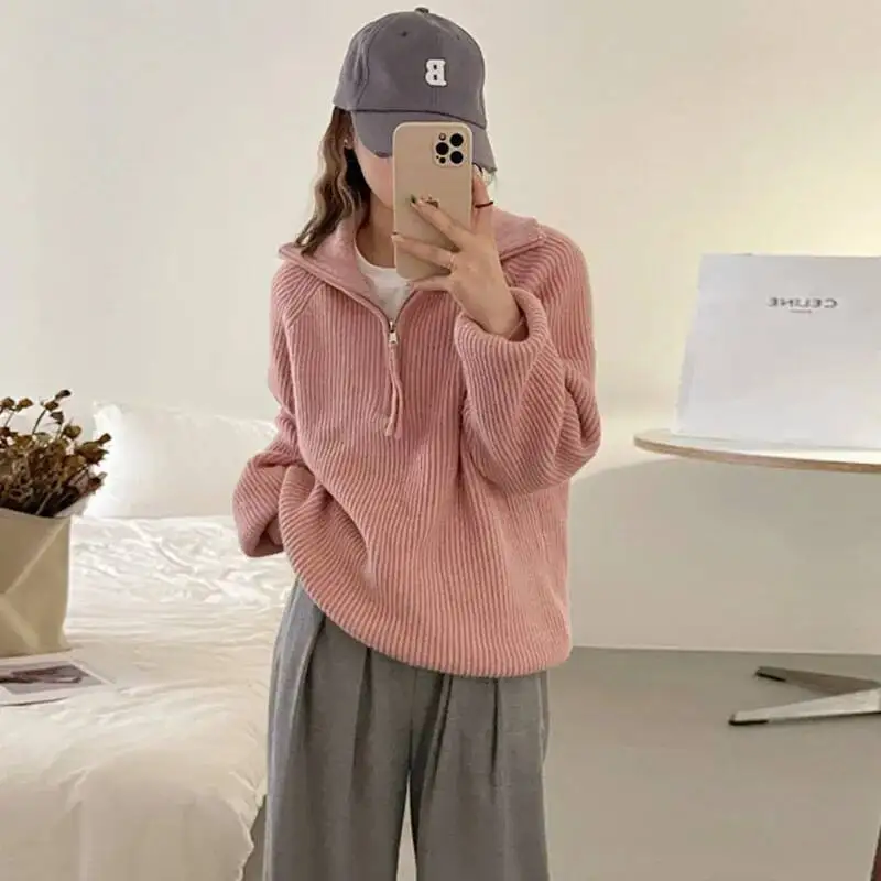 

Women's Knitting Sweater 2025 Autumn Winter Ribbed Half Zip Sweater Design Forward Stand Collar Soft Loose Outerwear Knit Top