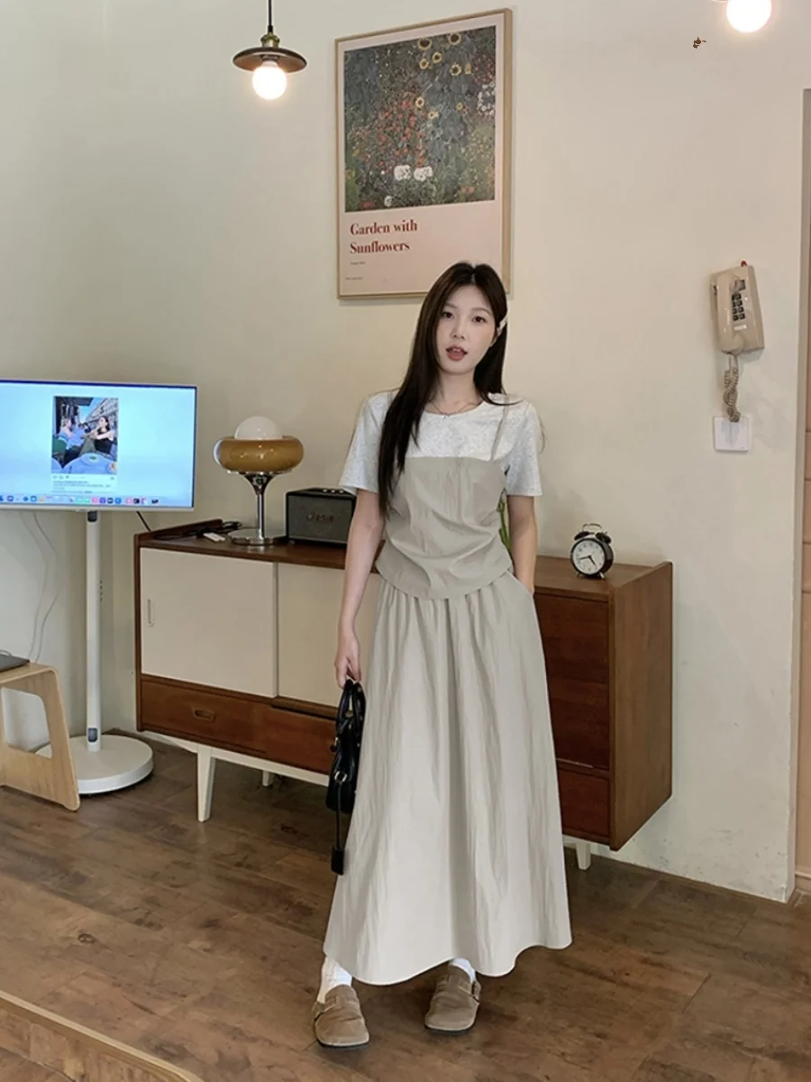

plus Size Casual Set Summer New Style Color Block Short Sleeve High Waist A-Line Skirt Fashionable Two-Piece Ensemble