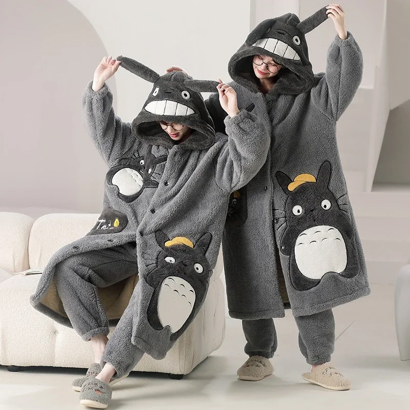 Kigurumis téli Pizsama robes Nők férfiak Tömített Felmelegedés Plüss Hálóing polár stv Bor színe kawaii Cica párok Hálóing pijama Angol kosztüm