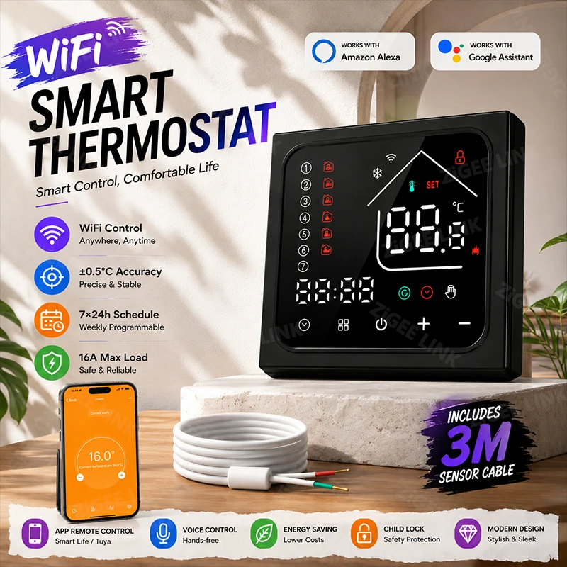 WiFi Smart Underfloor Heating Thermostat 16A 7×24H Programmable Schedule Energy‑Saving Mode Work With Alexa Google Smart Life