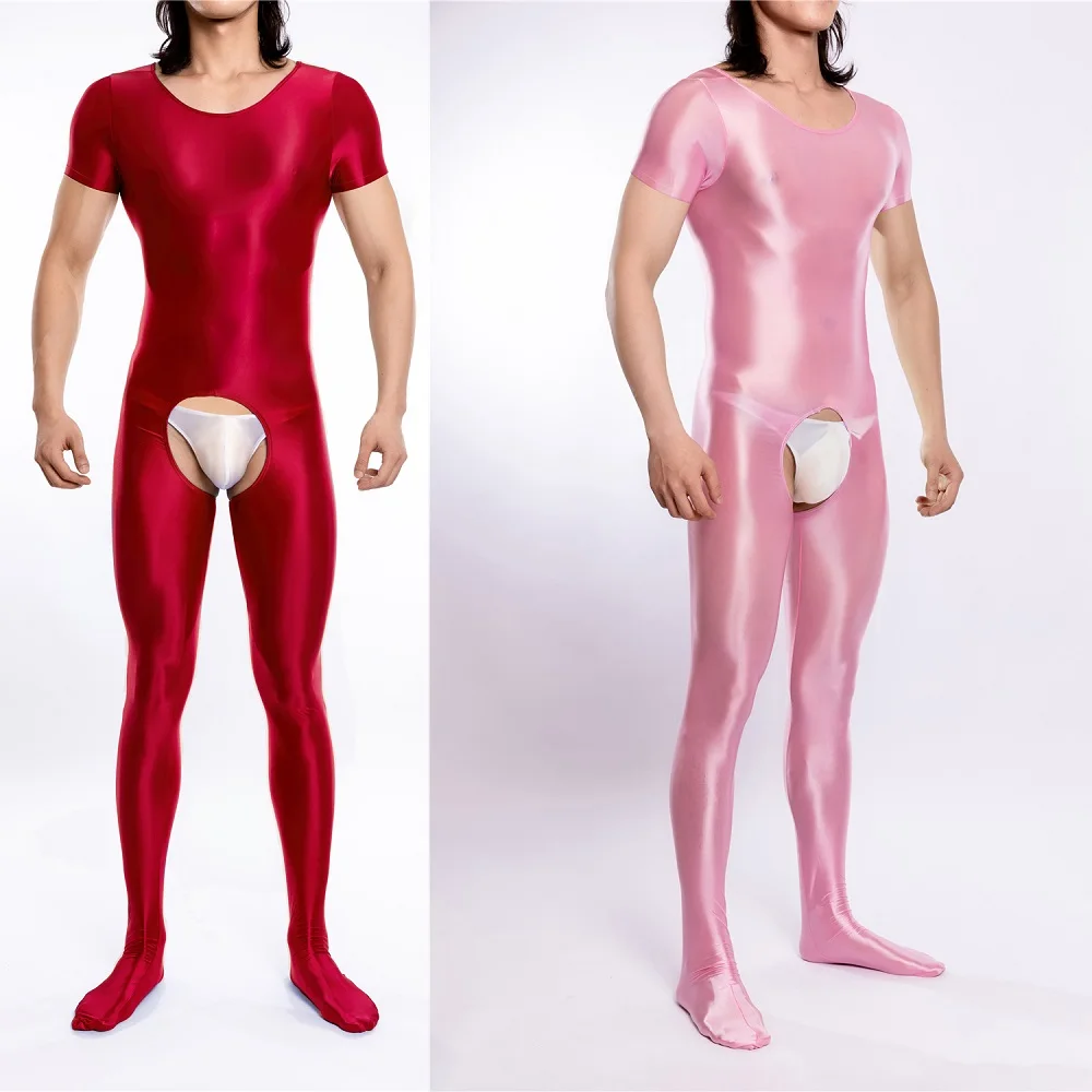 Men Open Crotch Bodystocking Glossy Thin Long Sleeve Jumpsuits Crotchless Round Neck Bodysuit Yoga Sports Fitness Underwear