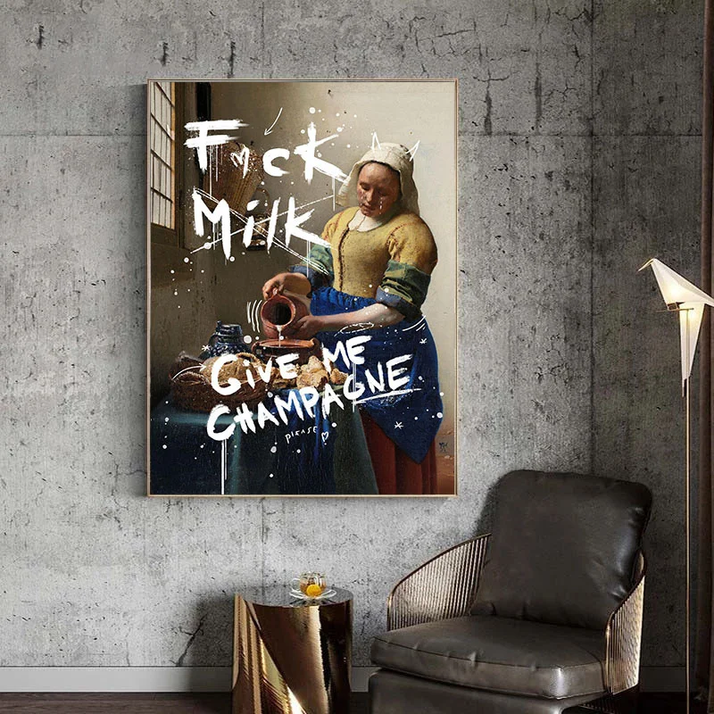 ملصق فني مضحك لحورية الحليب ، أعطني لوحة قماش الشمبانيا ، لوحة فنية جدارية مطبوعة ، صورة للمنزل ، ديكور حائط بار #3
