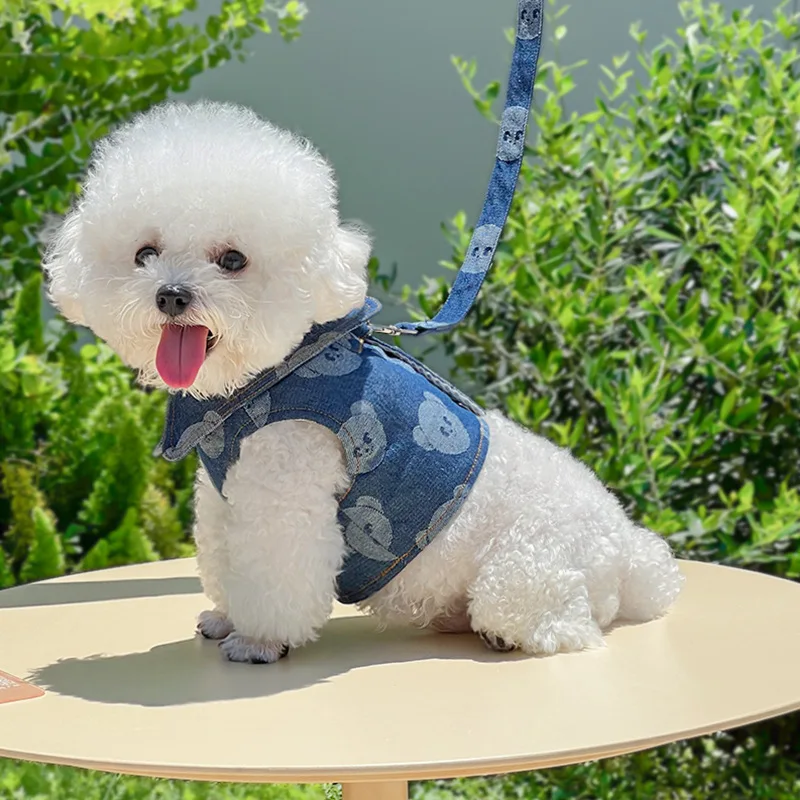 Denim Pet Harness Vest with Leash Summer Breathable Walking Pet Clothes for Dogs British Shorthair Cats Outdoor Pet Clothing