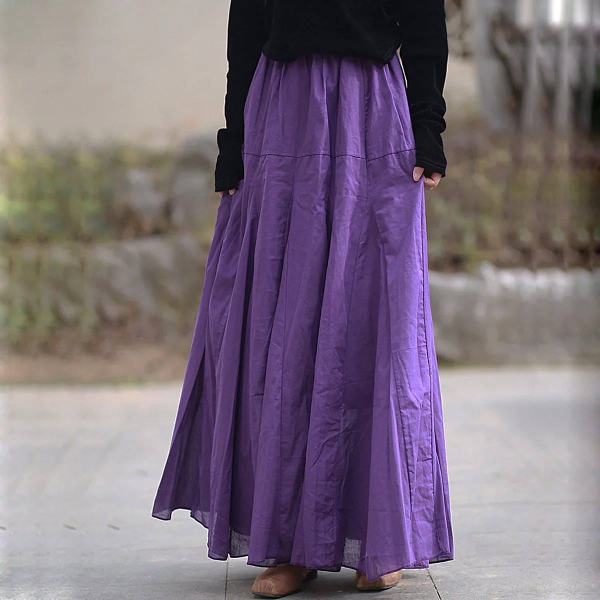 

Double-layer Cotton Lightweight Ankle-Length Half-Length Skirt Fold Elastic Waist Womens Grace Gentle Maxi Swing Skirt Summer