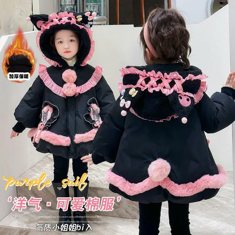 Kuromi Sanrios Cotton Clothes Kawaii Cartoon Girl Plus Velvet Coat Quilted Autumn Winter New Child Clothing Thicken Jacket