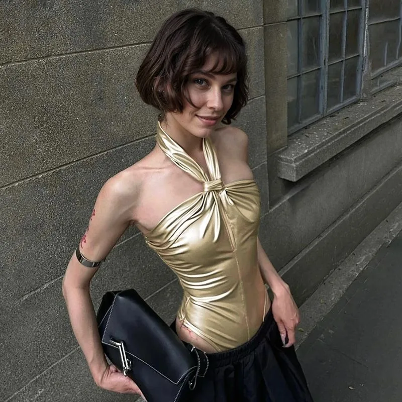 

Женский блестящий боди-топ золотистого цвета с завязками на шее и узлом спереди, без рукавов, для вечеринок и клубов