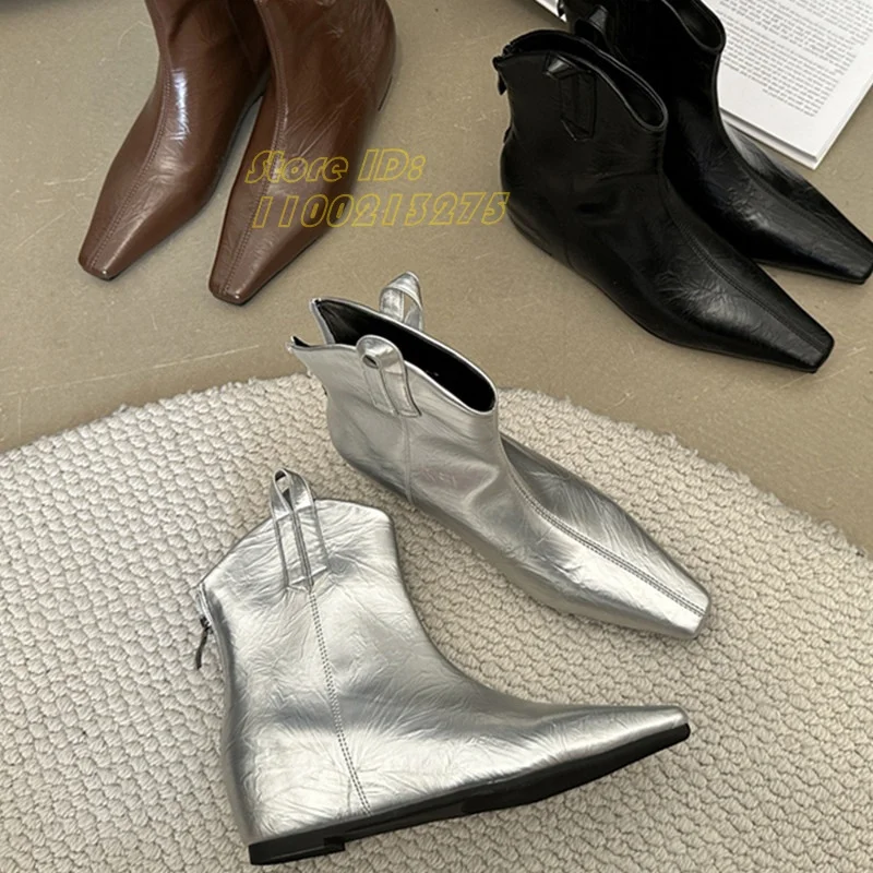 Square Toe Height Increase Slim Boots Silver Black Back Zip Short Calf Comfortable Women Autumn Spring Dress Shoes Handmade