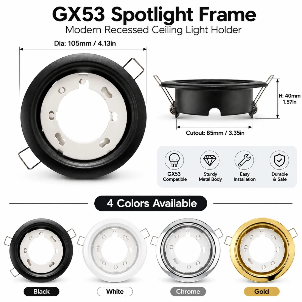 JOYINLED 2/12PCS GX53 Ceiling Spotlight Frame Recessed LED Downlight Fixture Trim Housing Round Lamp Holder Black White Gold