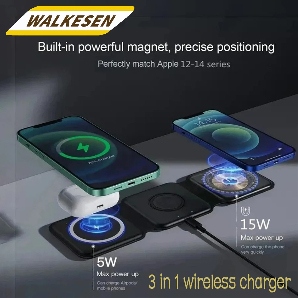 3 in1 Magnetic Foldable Wireless Charger Fast Charging Station Multi-Device Charging Dock for Smart Phones Earbuds Watch Charger