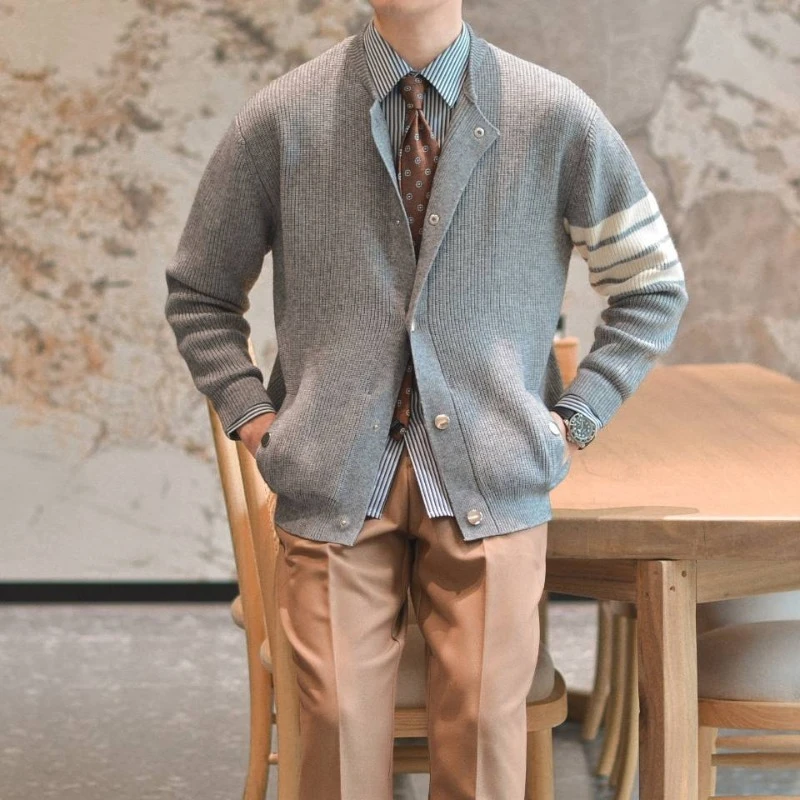 ​ Casual masculino fivela de metal em torno do pescoço cor bloco cardigan primavera outono solto gota ombro franja textura na moda camisola de malha ​