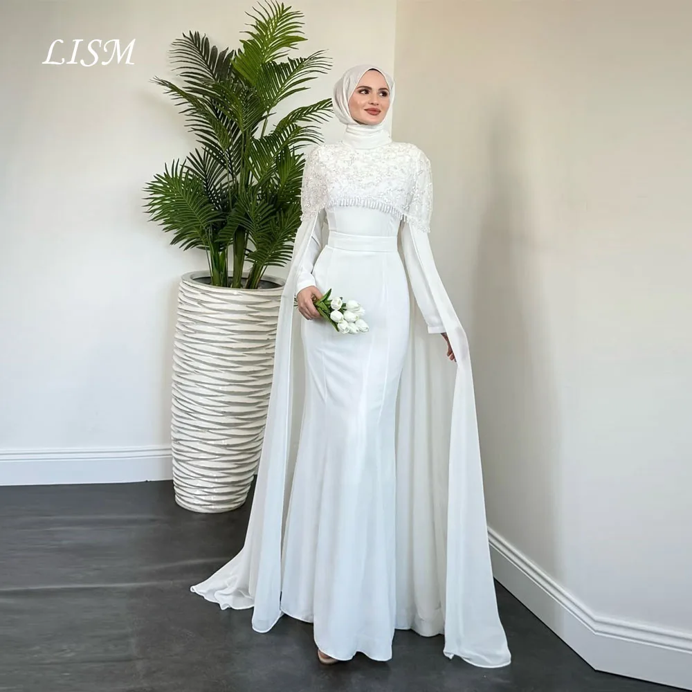 LISM Elegantes muslimisches Abendkleid mit Perlenstickerei, Meerjungfrau-Stil, lange Partykleider, maßgeschneidertes Saudi-Dubai-Hochzeitskleid für die Braut
