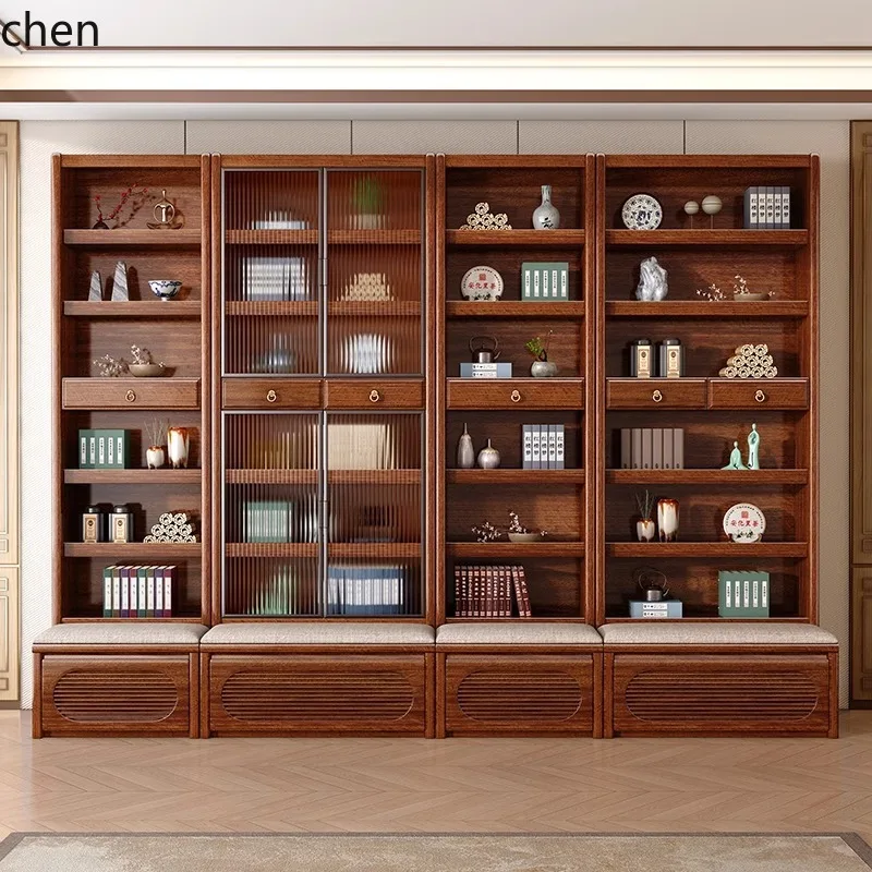 HT  Bookcase with Glass Doors, Freestanding Combination Bookshelf, Multi-Functional Wall-Mounted Cabinet, Display Cabinet